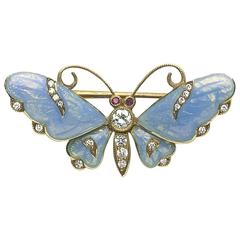 Guilloche Enamel Diamond Gold Butterfly Brooch