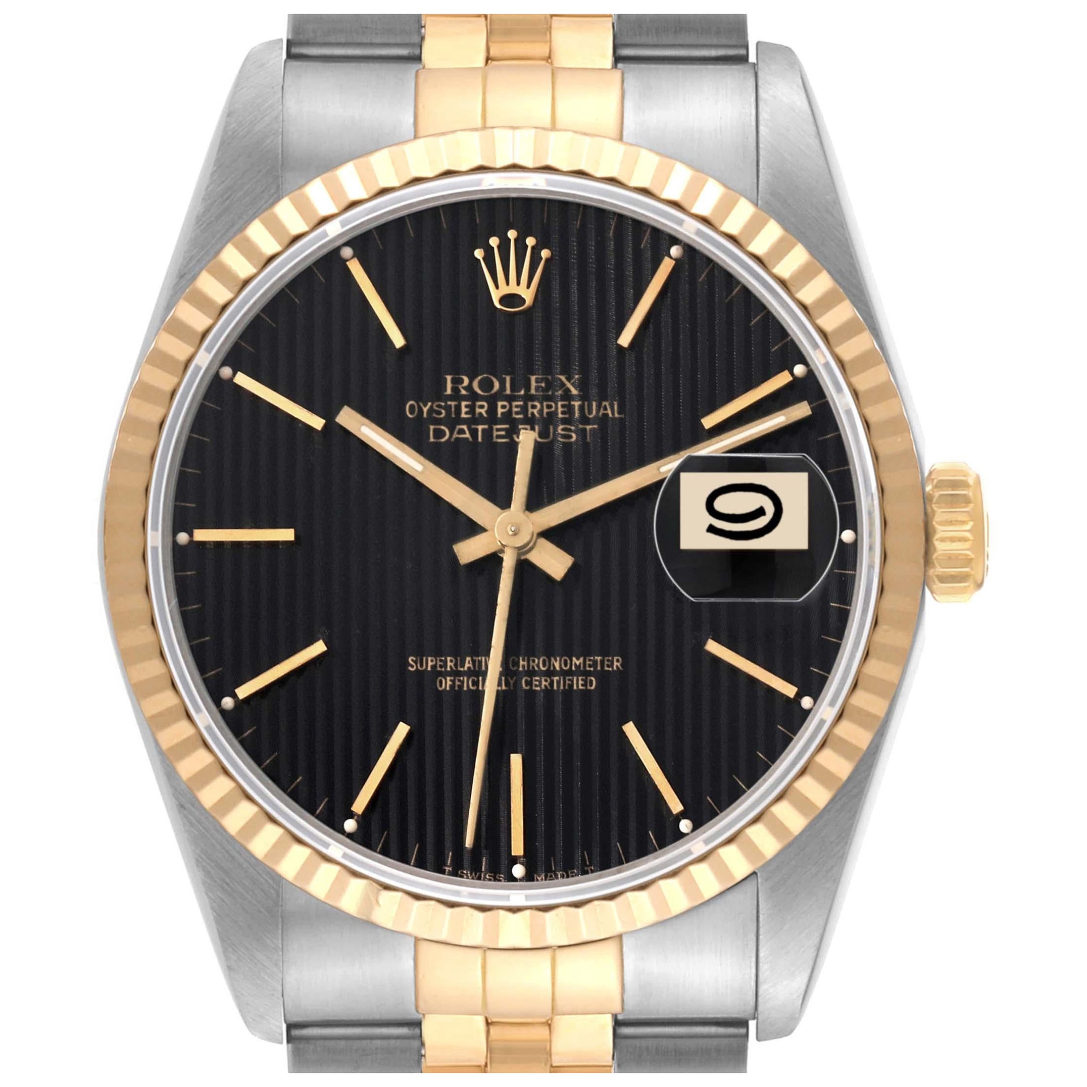 Rolex Datejust 36 Steel Yellow Gold Black Tapestry Dial Mens Watch 16233