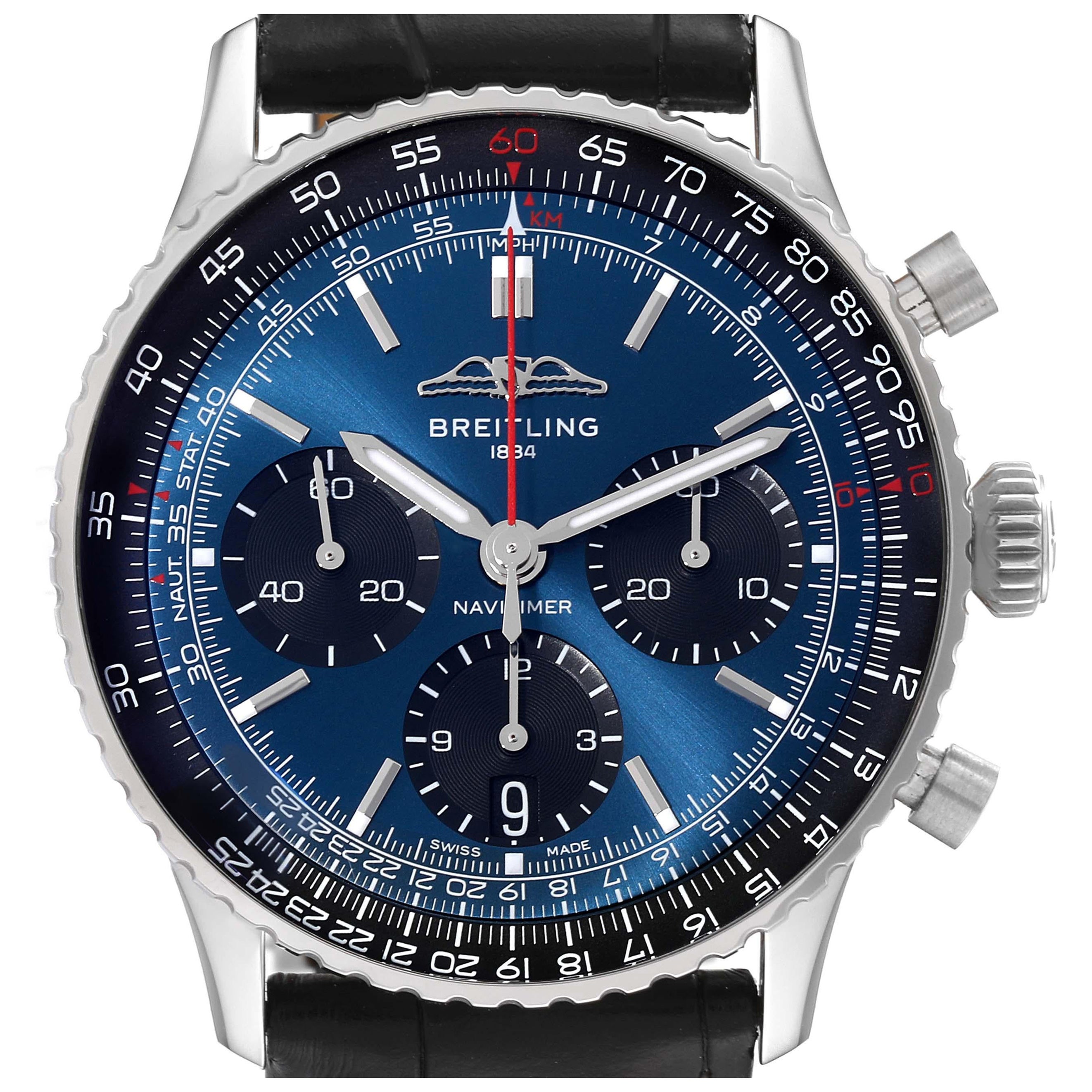 Breitling Navitimer B01 Chronograph 41 Blue Dial Steel Mens Watch AB0139 For Sale