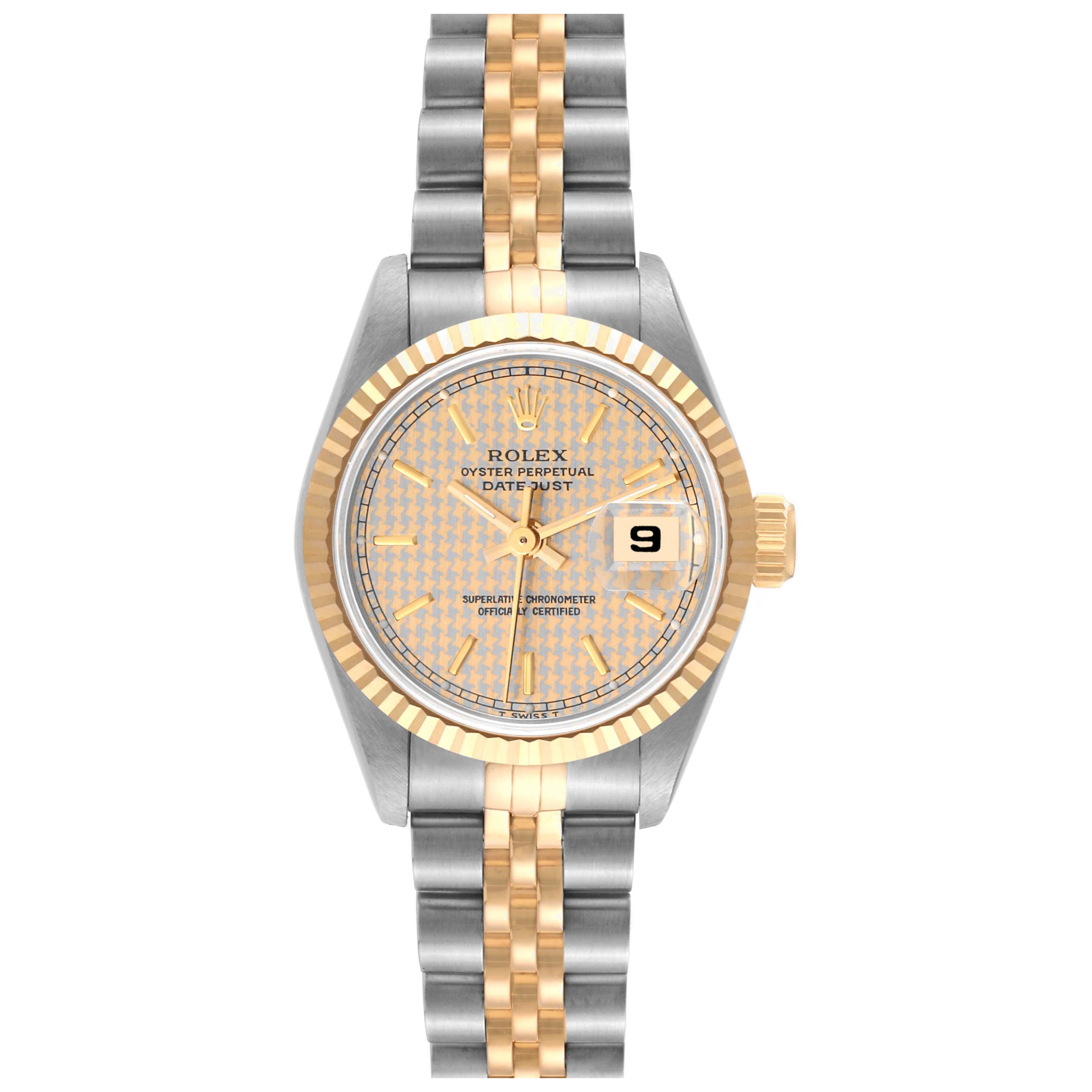 Rolex Datejust Steel Yellow Gold Houndstooth Dial Ladies Watch 69173 For Sale