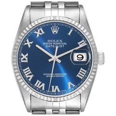 Rolex Datejust Blue Roman Dial Steel White Gold Mens Watch 16234