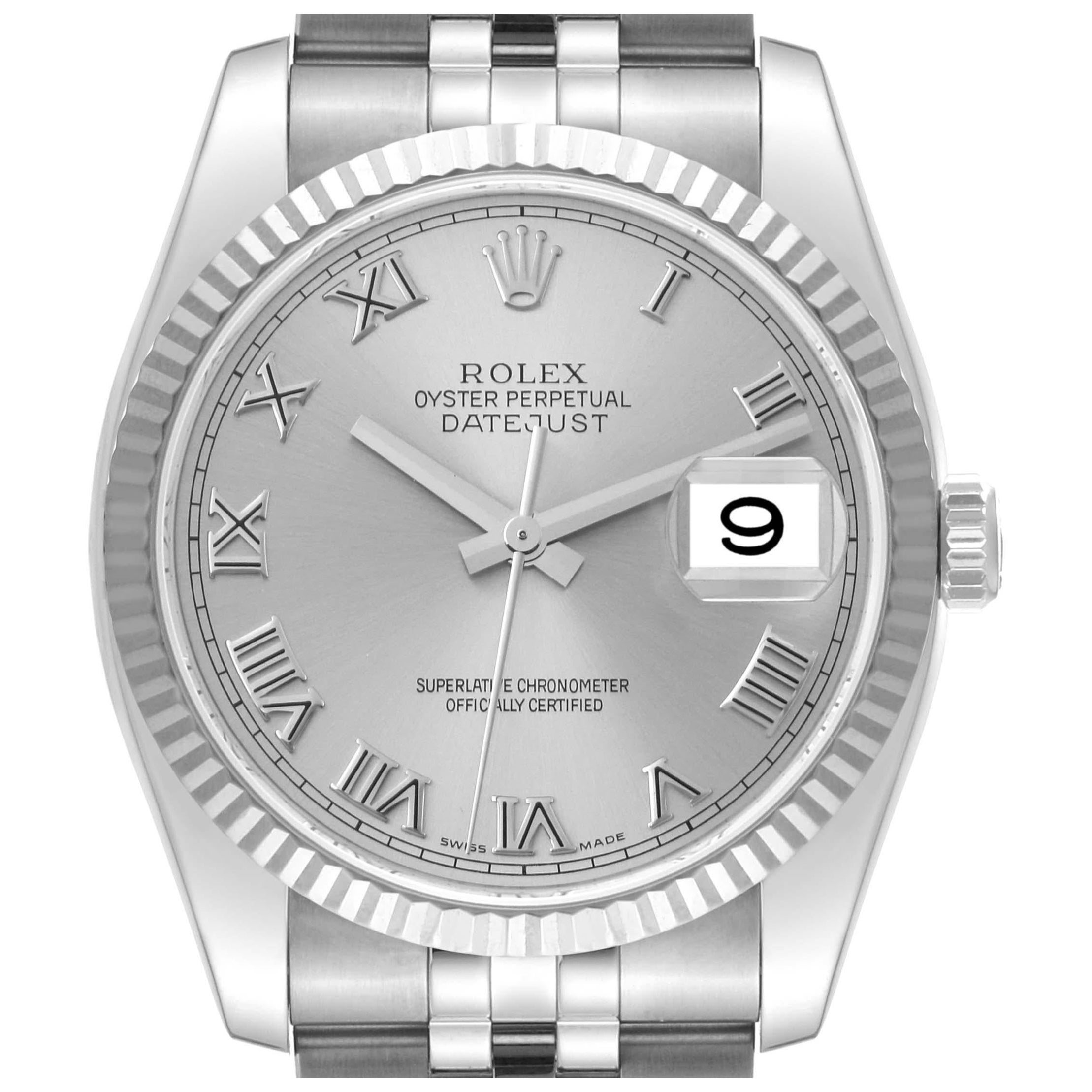 Rolex Montre Datejust en acier, or blanc et cadran romain argenté pour hommes 116234 en vente