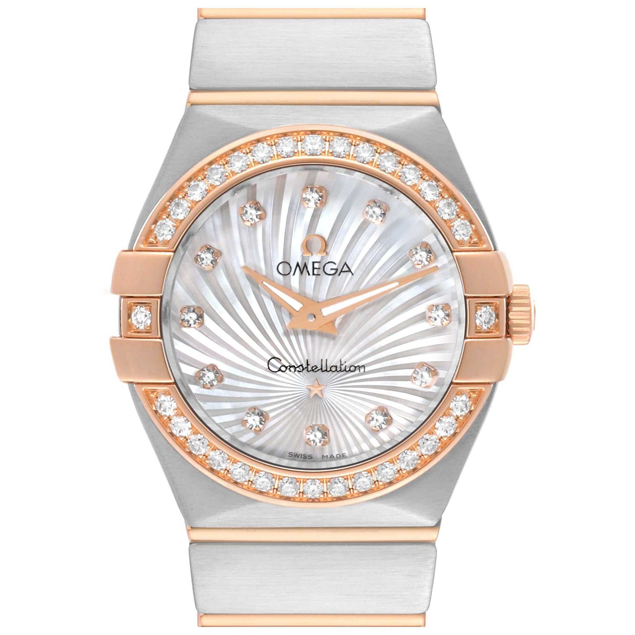 Omega Constellation 27 Steel Rose Gold MOP Diamond Watch 123.25.27.60.55.002 For Sale