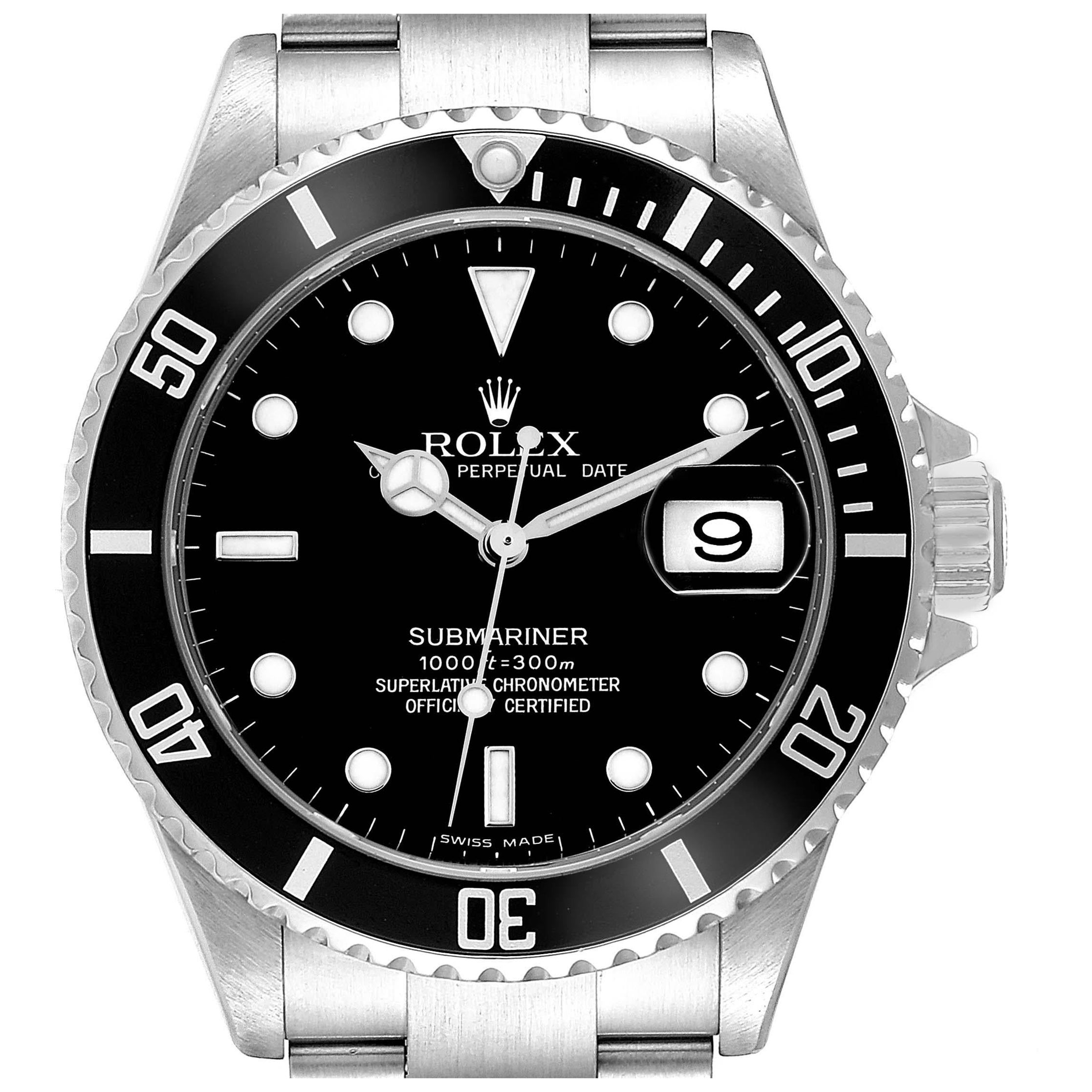 Montre Rolex Submariner Date en acier à cadran noir pour hommes 16610 Boîte à documents en vente