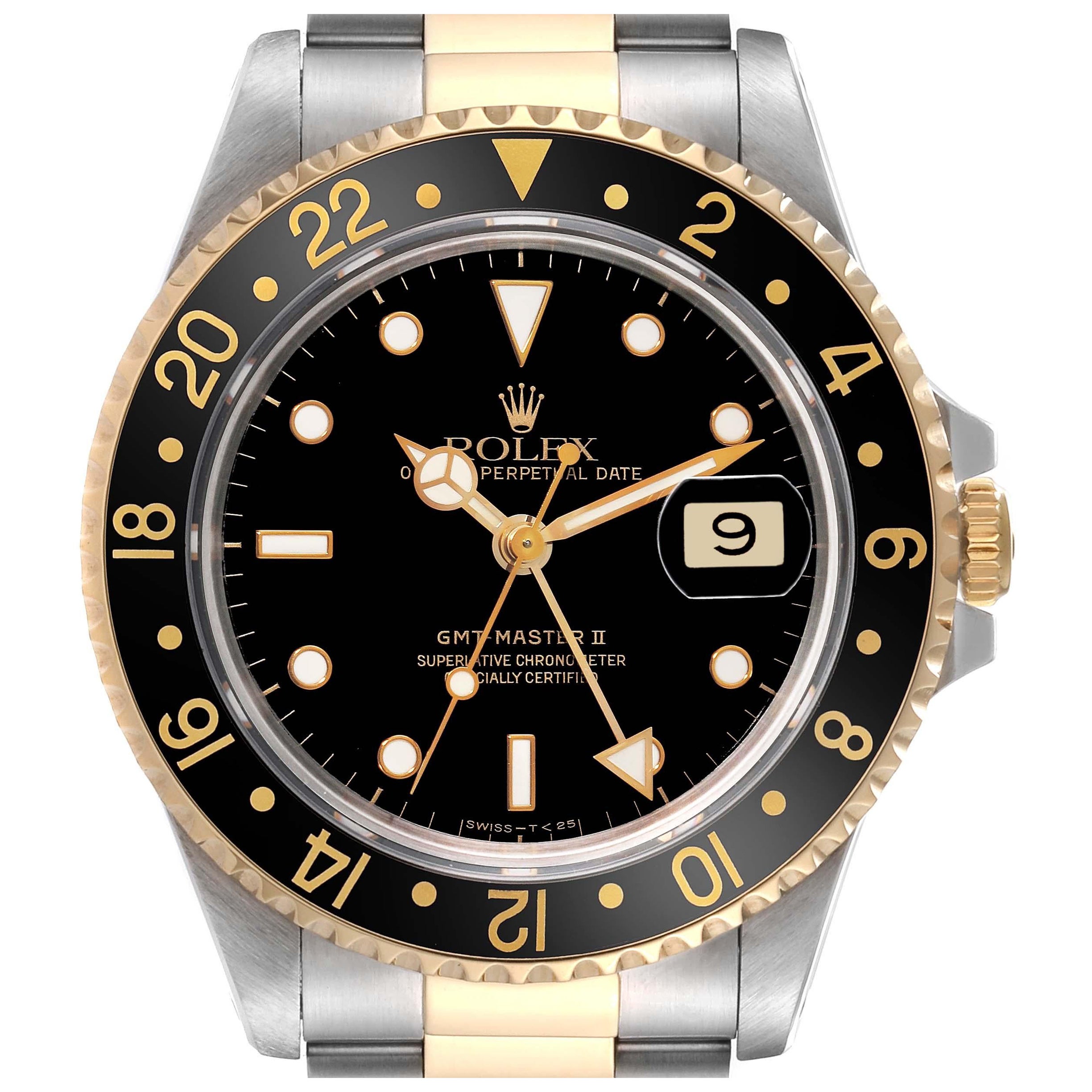 Rolex GMT Master II Yellow Gold Steel Oyster Bracelet Mens Watch 16713 For Sale