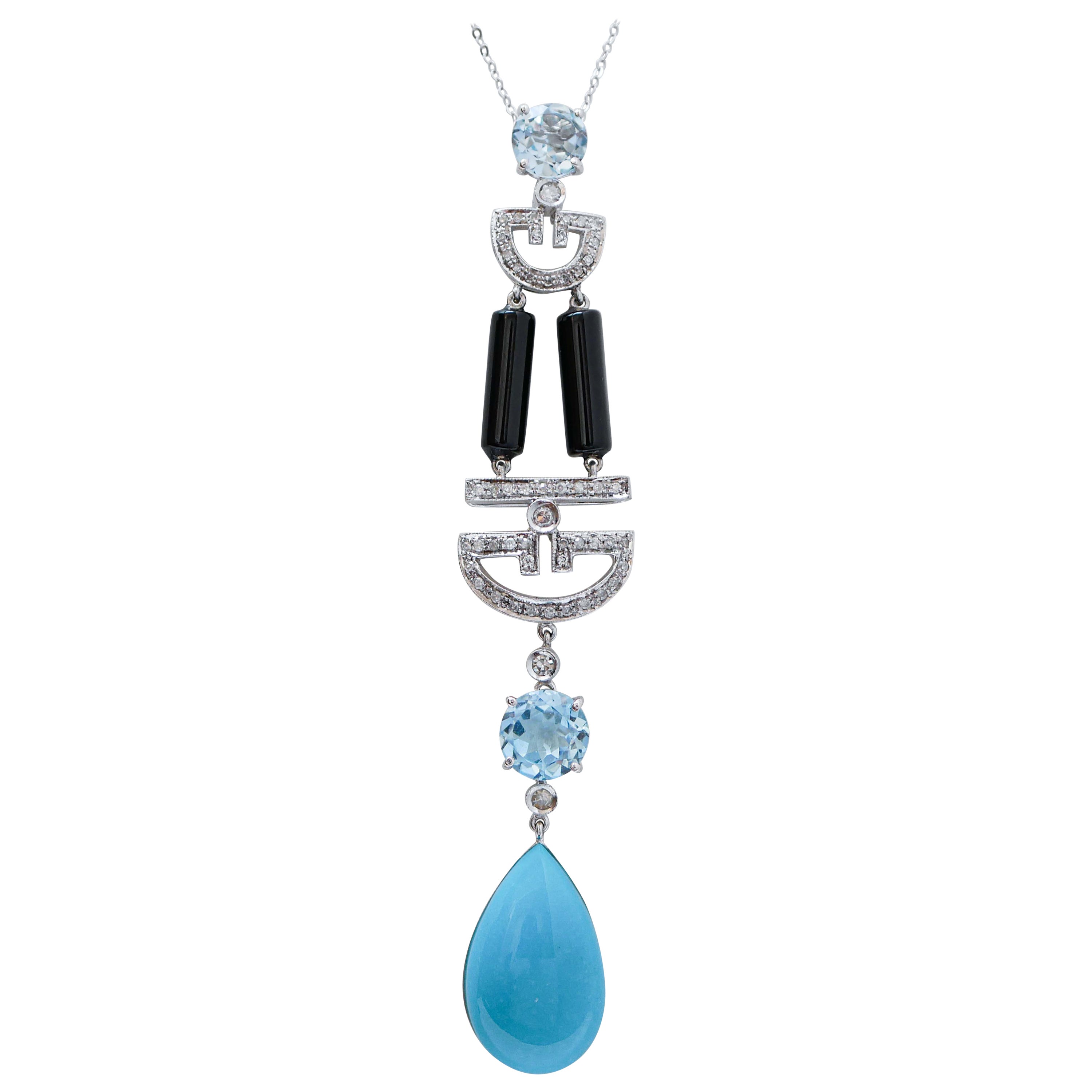 Collier pendentif en platine, turquoise, onyx, topaze de couleur aigue-marine et diamants