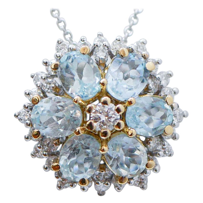 Aquamarine Colour Topazs, Diamonds, 18 Karat White Gold Pendant Necklace. For Sale