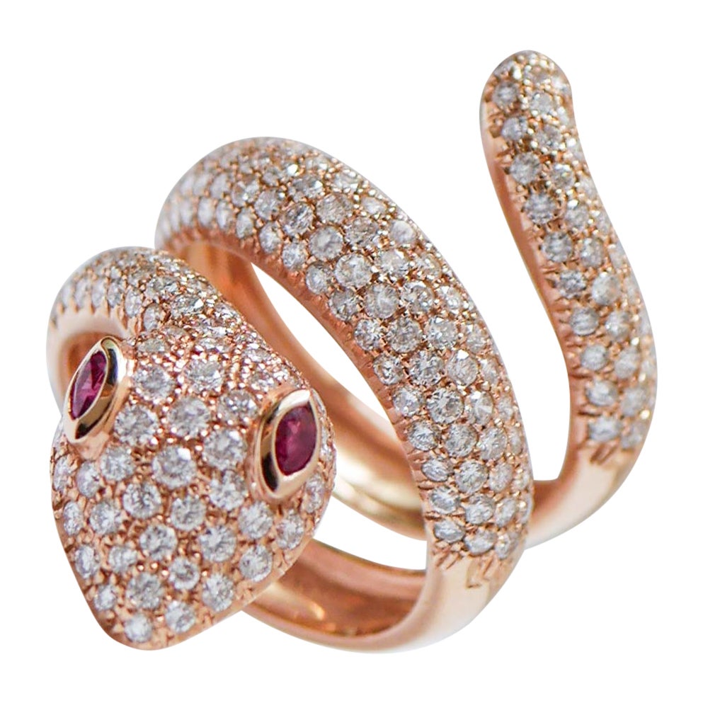 Rubies, Diamonds, 18 Karat Rose Gold Snake Ring. For Sale