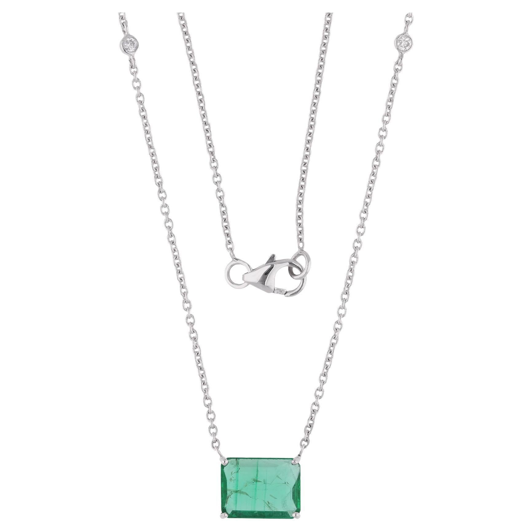 Zambian Emerald Gemstone Charm Pendant Real Diamond Necklace 14 Karat White Gold For Sale