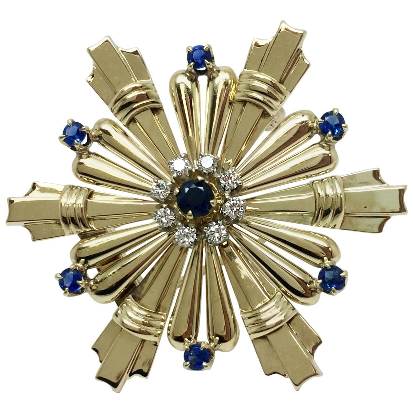 Tiffany & Co. Blue Sapphire Diamond Gold Brooch For Sale