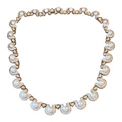 Élégant collier italien en or jaune blanc 18 carats avec perles et diamants