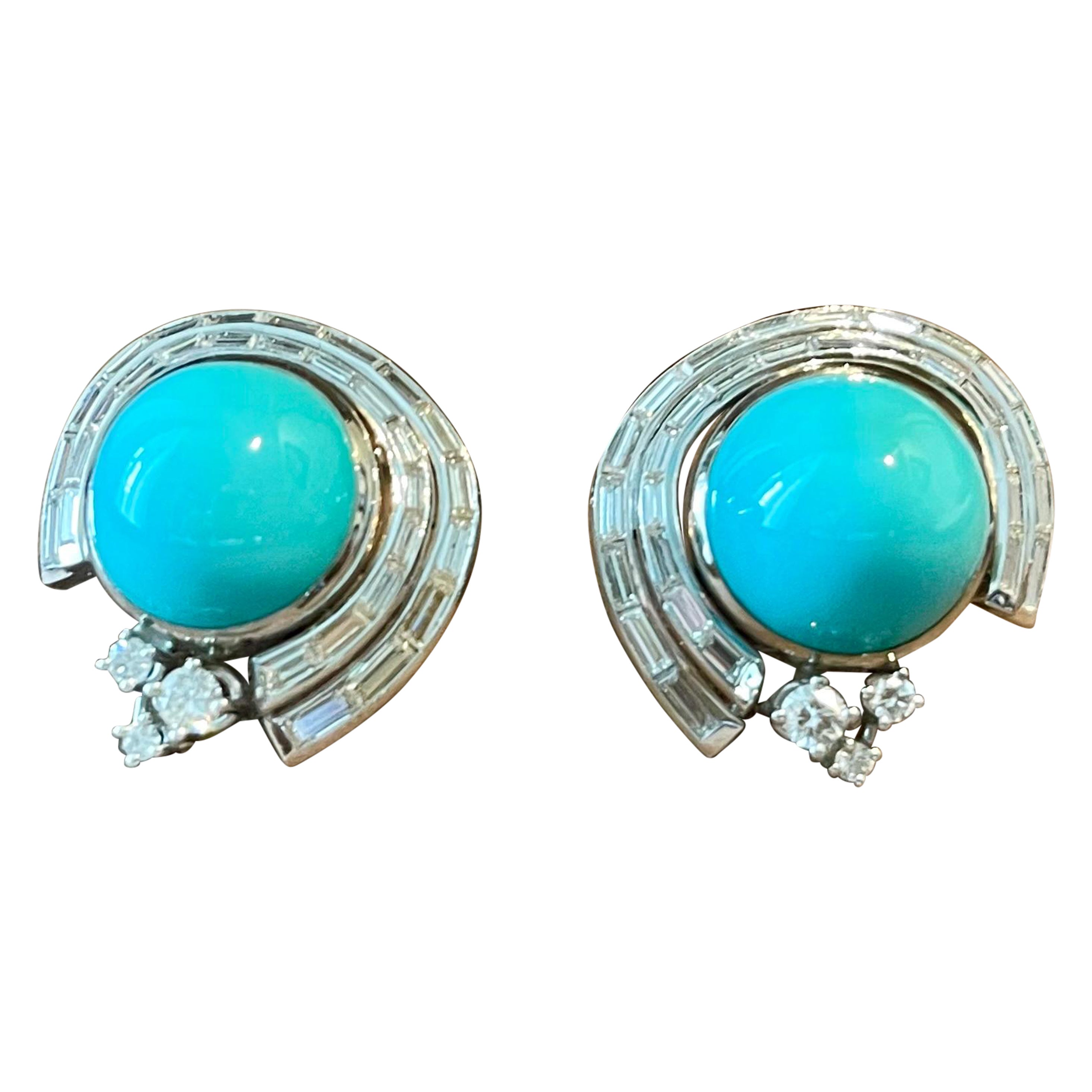 Vintage 18 K white Gold Paul Binder earclips Turquoise and Diamonds For Sale