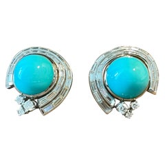 Vintage 18 K white Gold Paul Binder earclips Turquoise and Diamonds