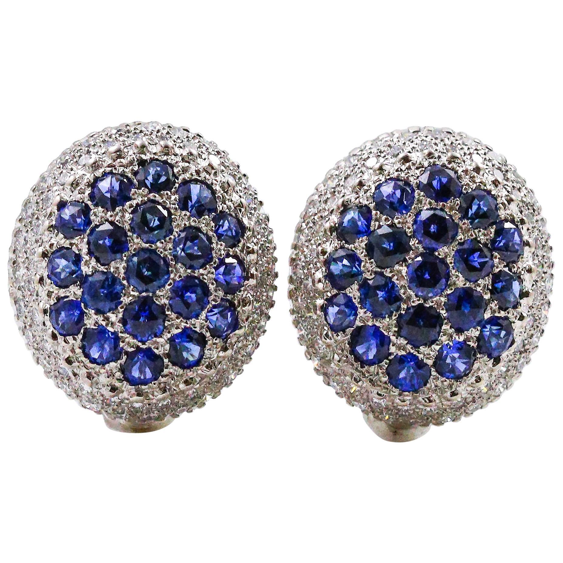 Mouawad Rosette Oval Diamond Sapphire Gold Earrings at 1stDibs