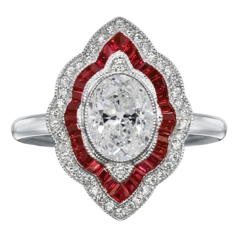 GIA Certified 1.50 Carat Oval Diamond Red Rubies Cocktail Ring
