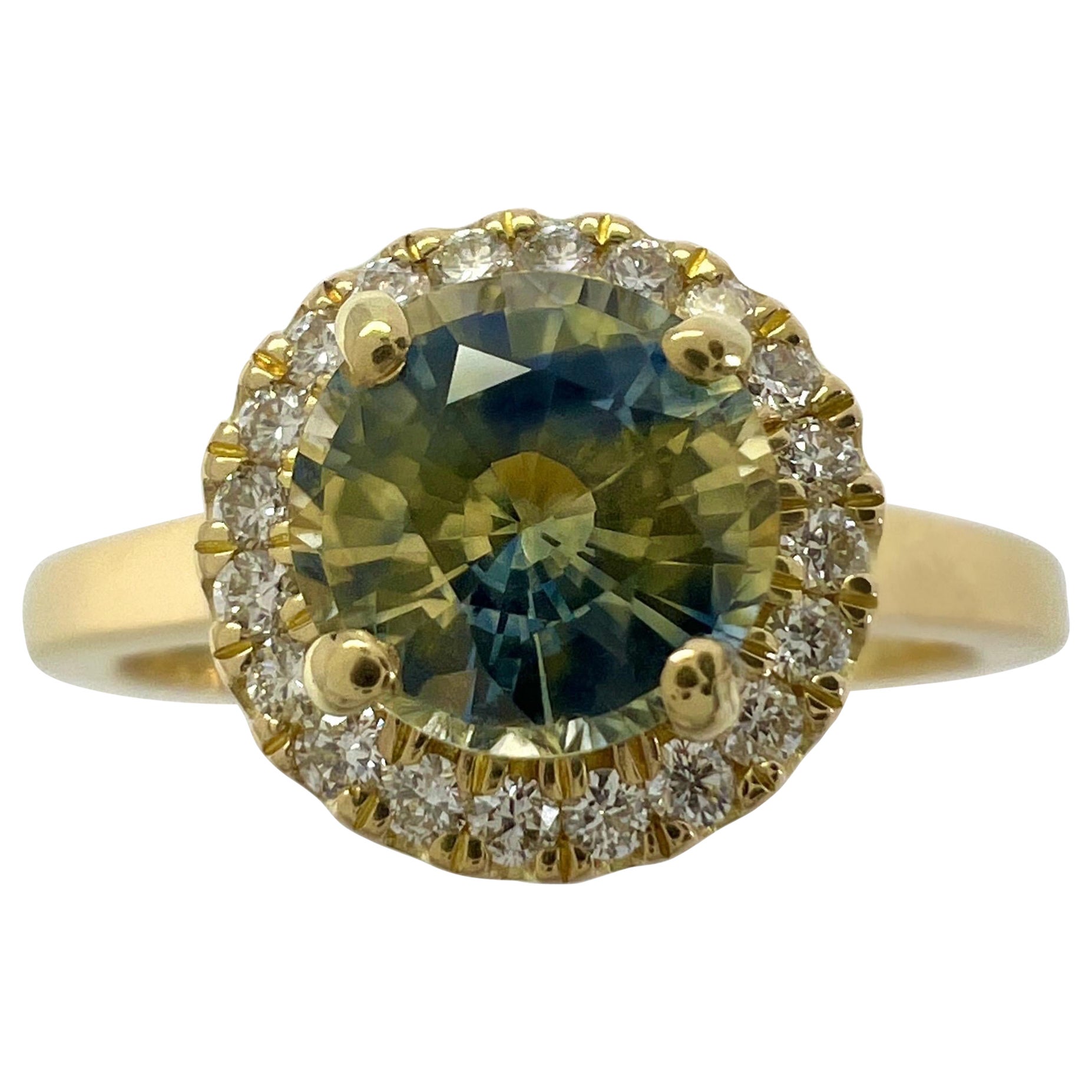 1.20ct Untreated BIColour Blue Yellow Sapphire Diamond 18k Yellow Gold Halo Ring For Sale