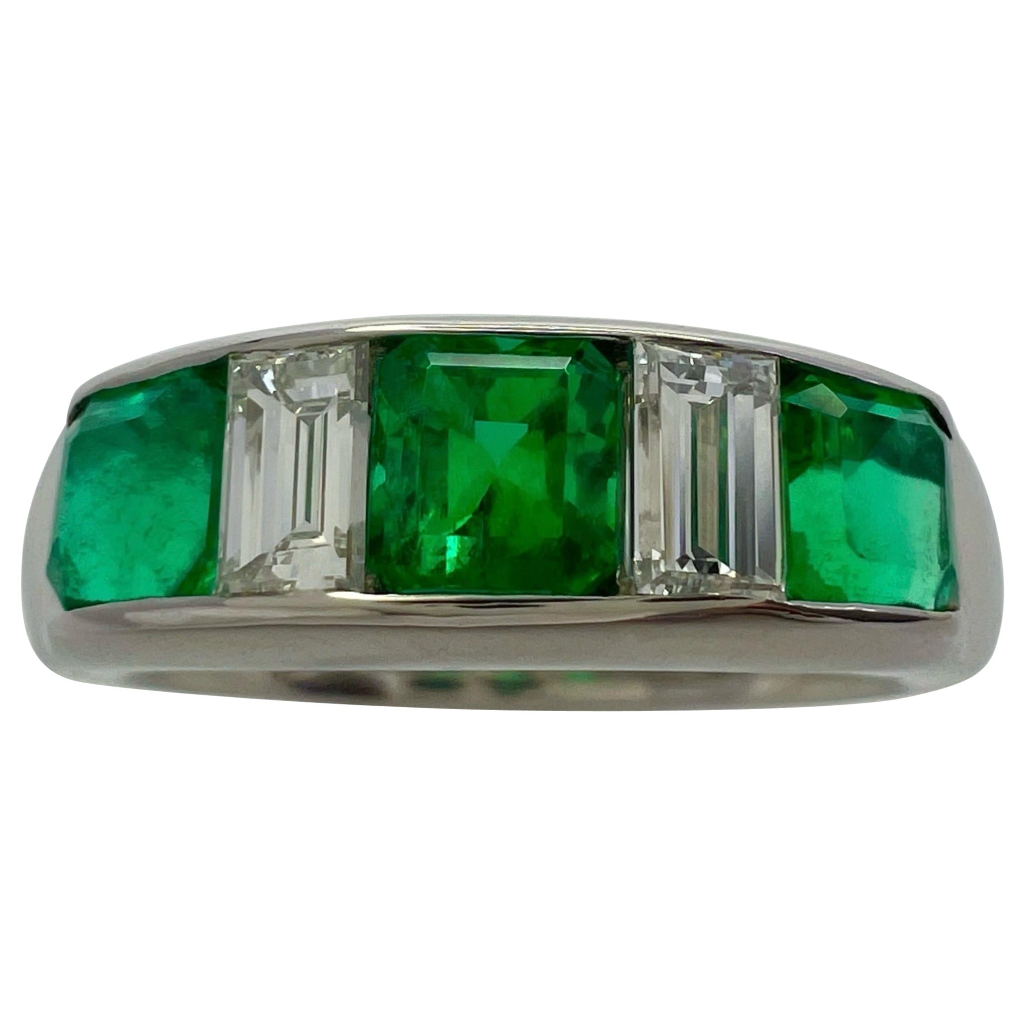 1.39ct Fine Green Colombian Emerald And Diamond Platinum Five Stone Band Ring For Sale