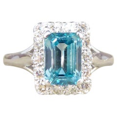 Vintage Blue Zircon and Diamond Cluster ring in 18ct White Gold and Platinum