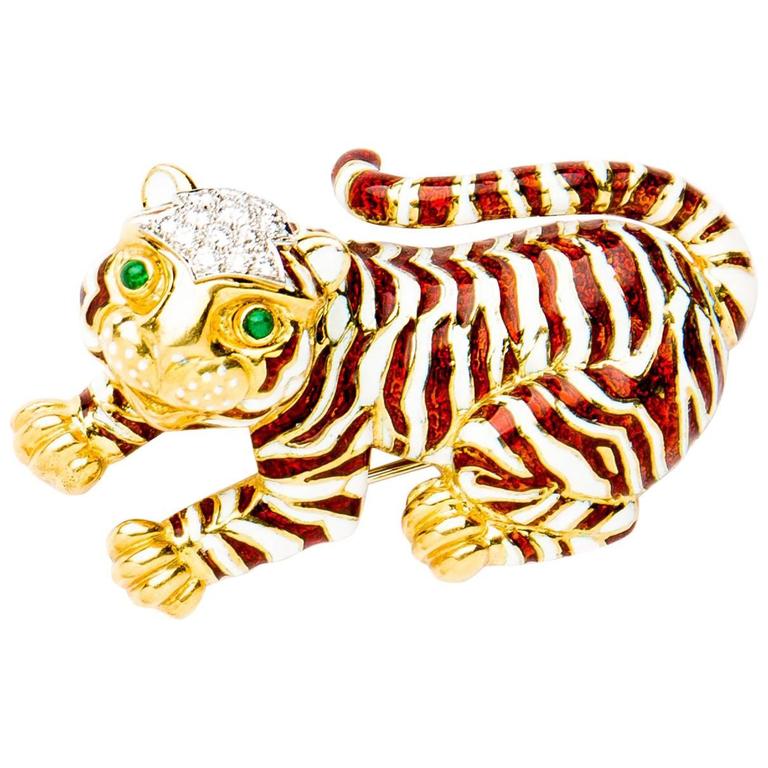 David Webb Gold Enameled Tiger Pin For Sale