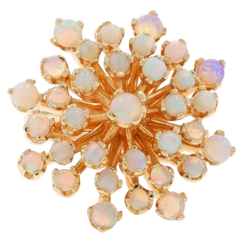 Yellow Gold Opal Cluster Cocktail Ring - 14k Round Cabochon 2.45ctw Floral Snowf For Sale