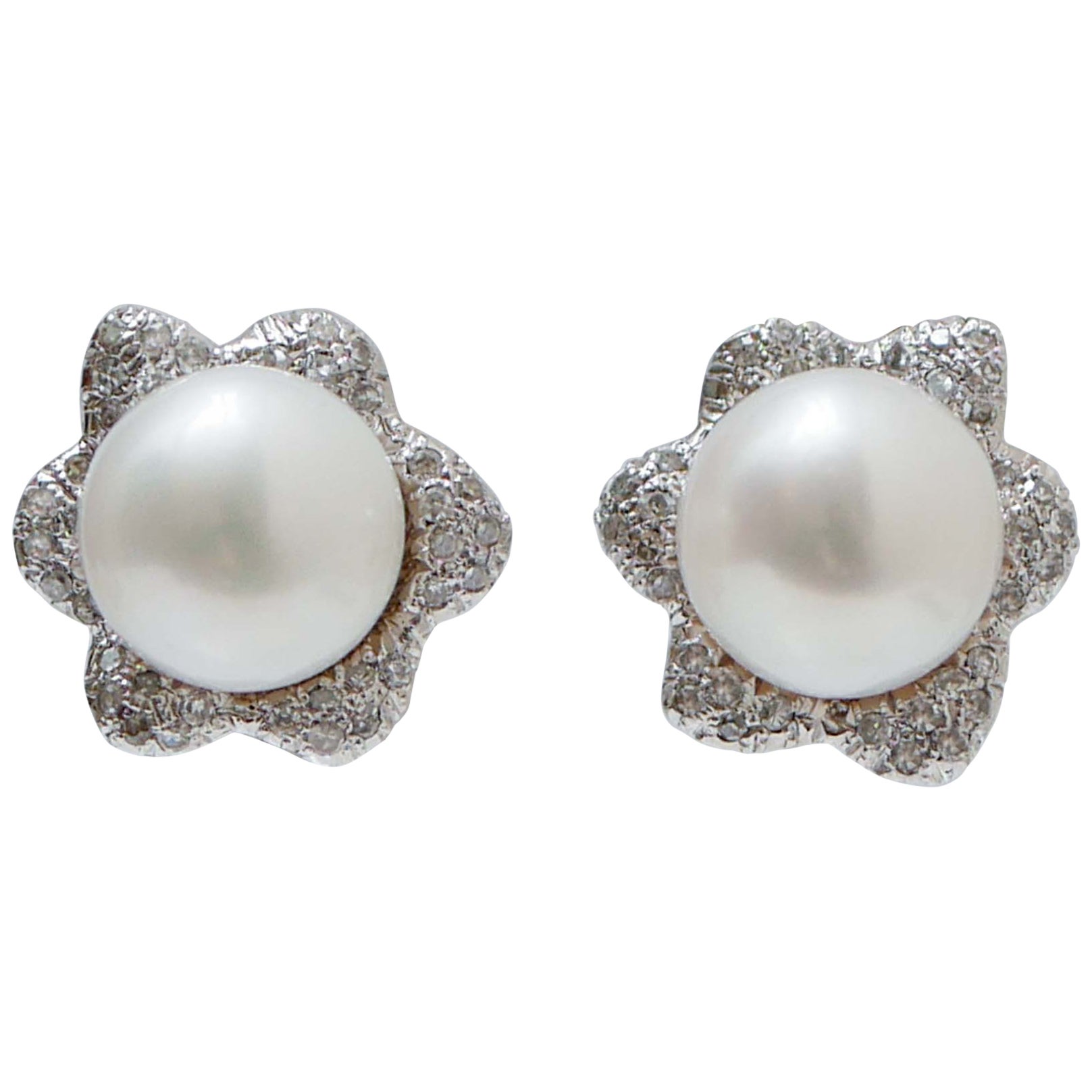 Pearls, Diamonds, 14 Karat White Gold Flower Earrings.