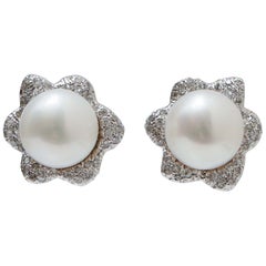 Retro Pearls, Diamonds, 14 Karat White Gold Flower Earrings.