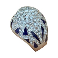 Pave Diamond Dome Ring with Blue Enamel in 18k White Gold
