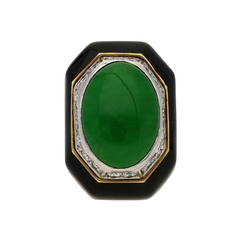 David Webb Signed Type A Fei Chui Jadeite Jade and Onyx Platinum & 18K Ring For Sale
