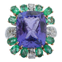 Vintage 14.07 Ct Tanzanite, Emeralds, Diamonds, 14 Karat White Gold and Rose Gold Ring.