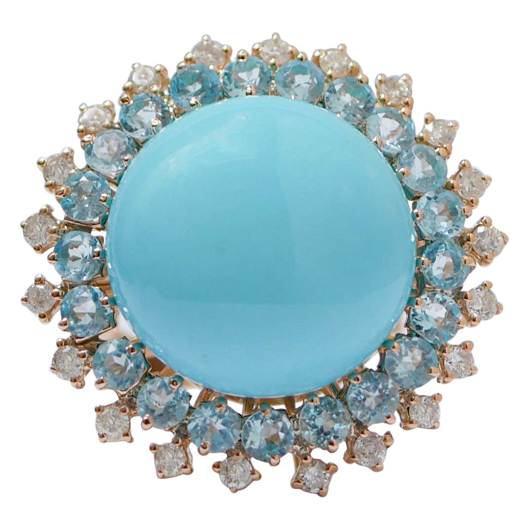 Turquoise, Aquamarine Colour Topazs, Diamonds, 14 Karat Rose Gold Ring. For Sale