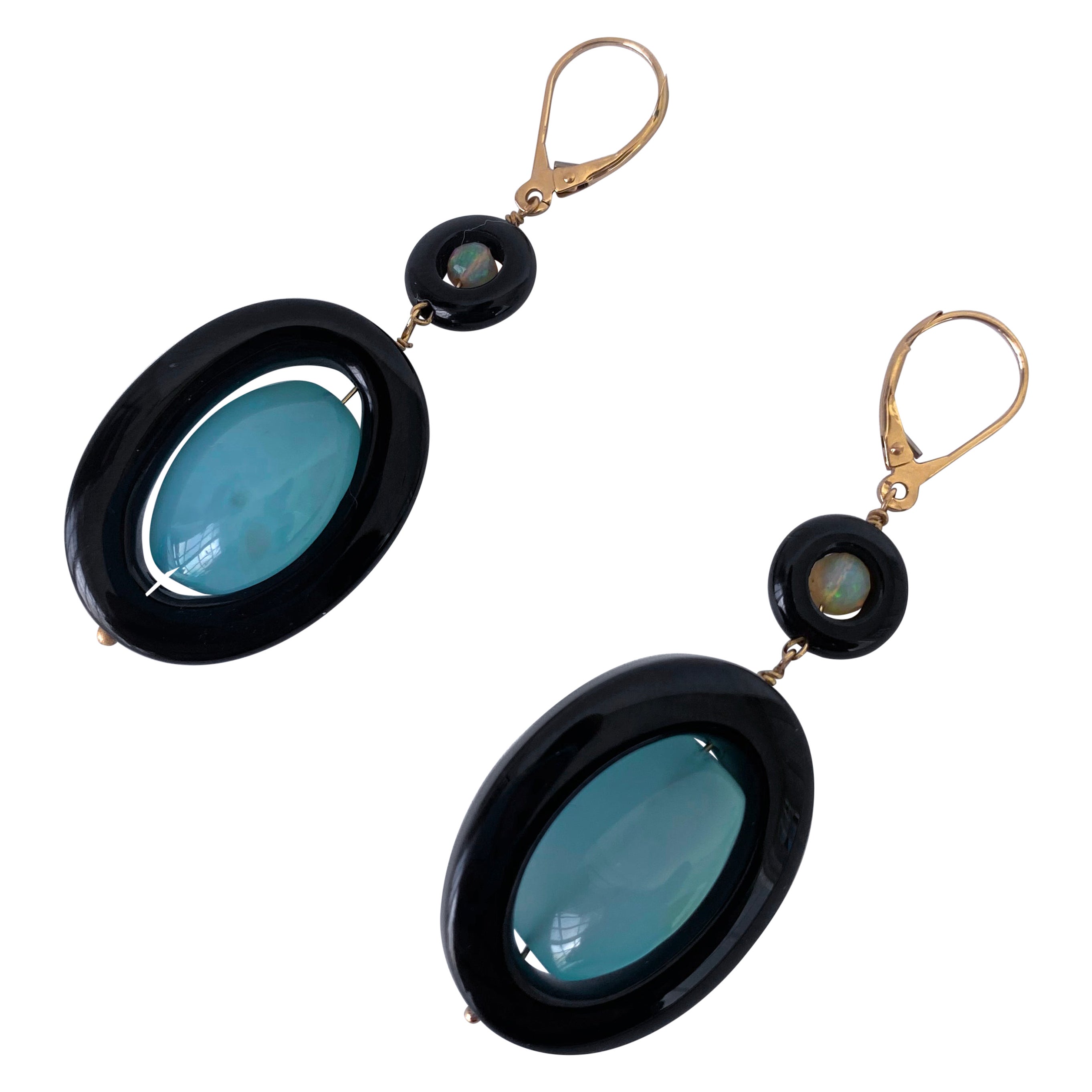Marina J. Black Onyx, Fire Opal & Chalcedony Earrings with solid 14k Lever Backs For Sale