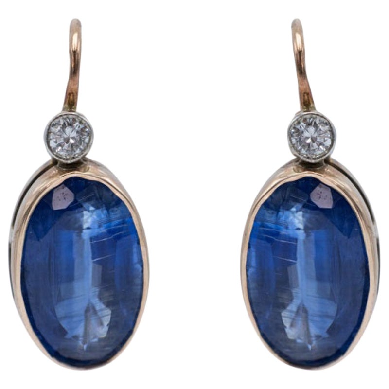 Old gold earrings with diamonds and kyanite, mid 20th century. For Sale