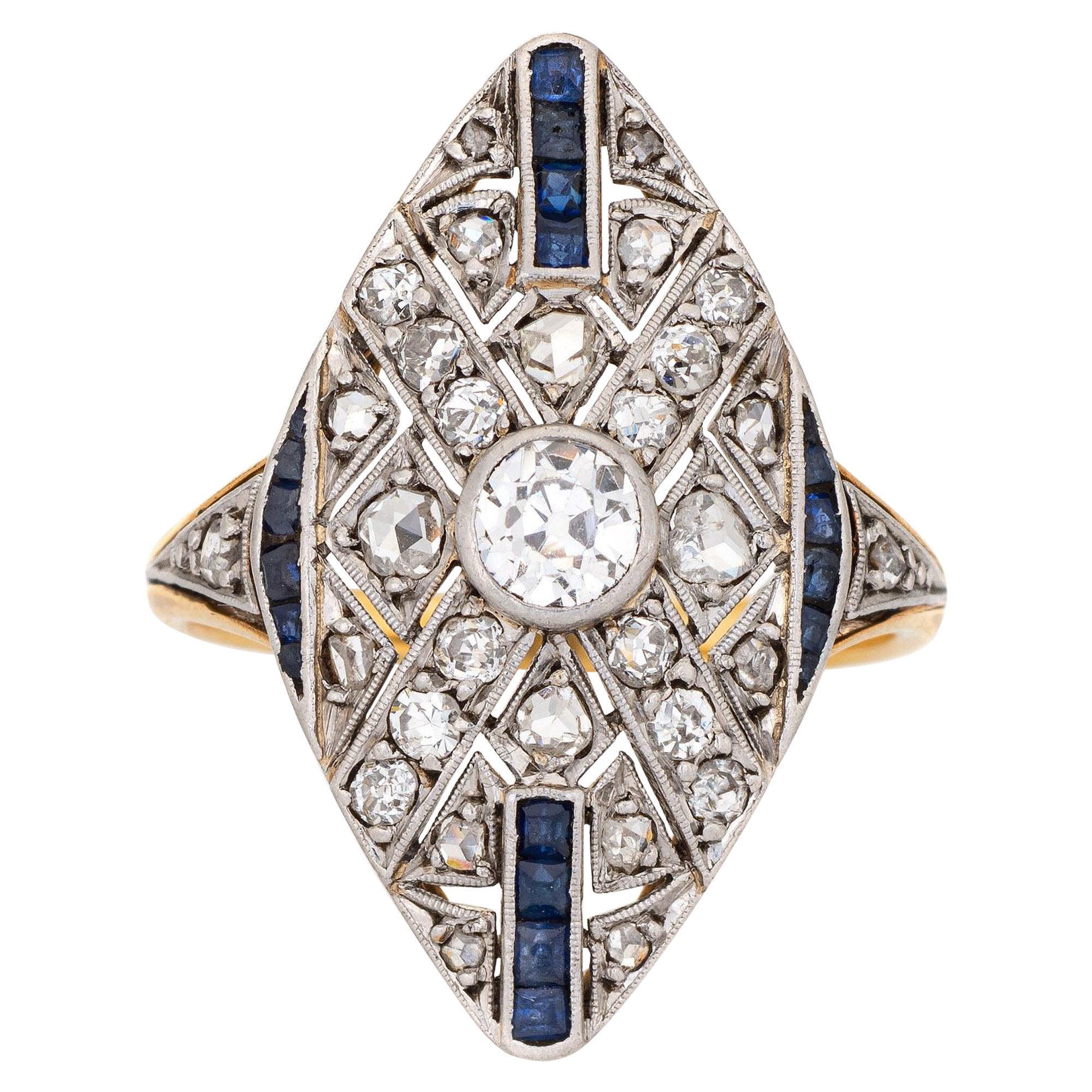 Vintage Art Deco Diamond Sapphire Ring 18k Gold Platinum Plaque Estate Jewelry