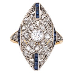 Vintage Art Deco Diamond Sapphire Ring 18k Gold Platinum Plaque Estate Jewelry