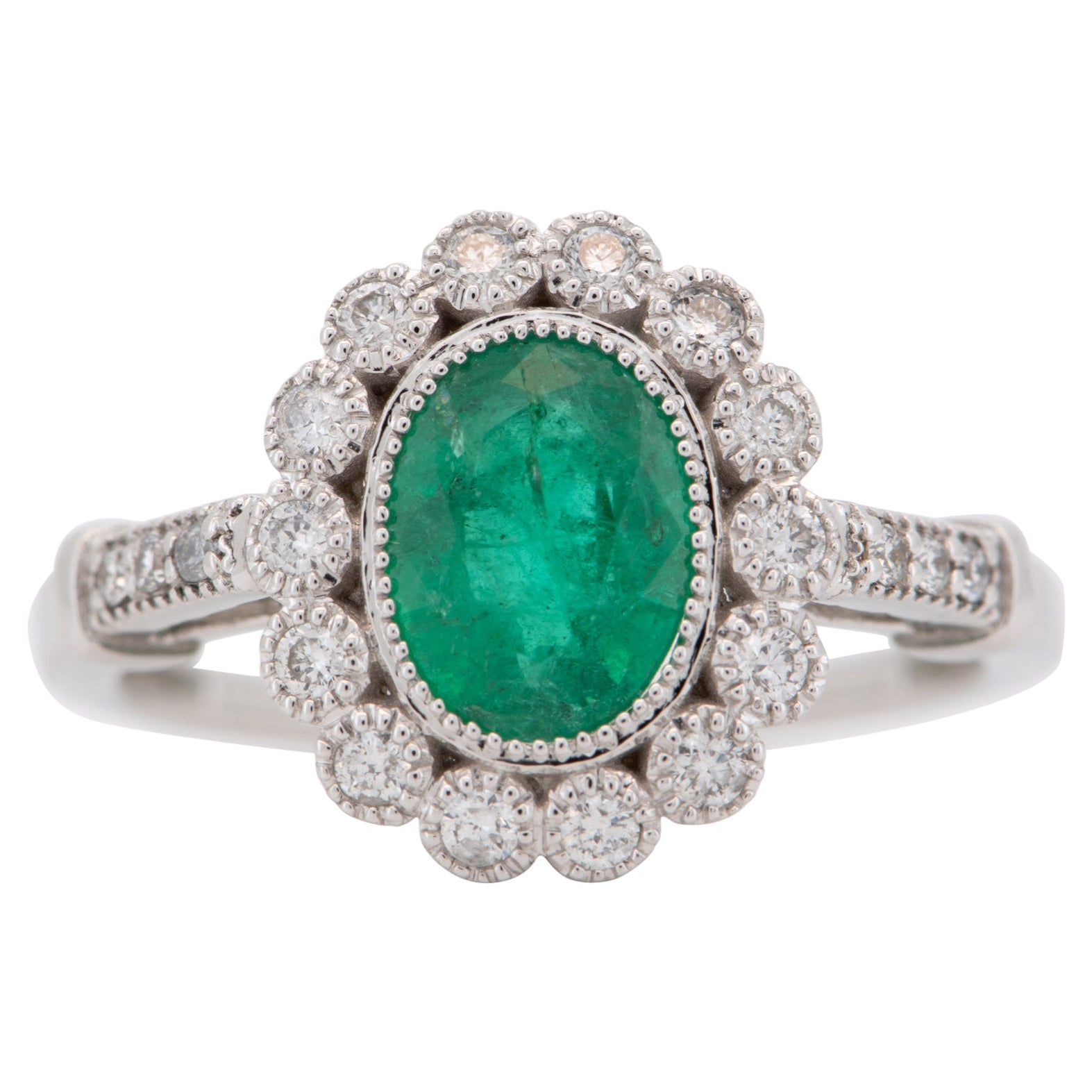 1.81ctw Emerald and Diamond Halo Scallop Milgrain18K Gold Engagement Ring AD1653 For Sale