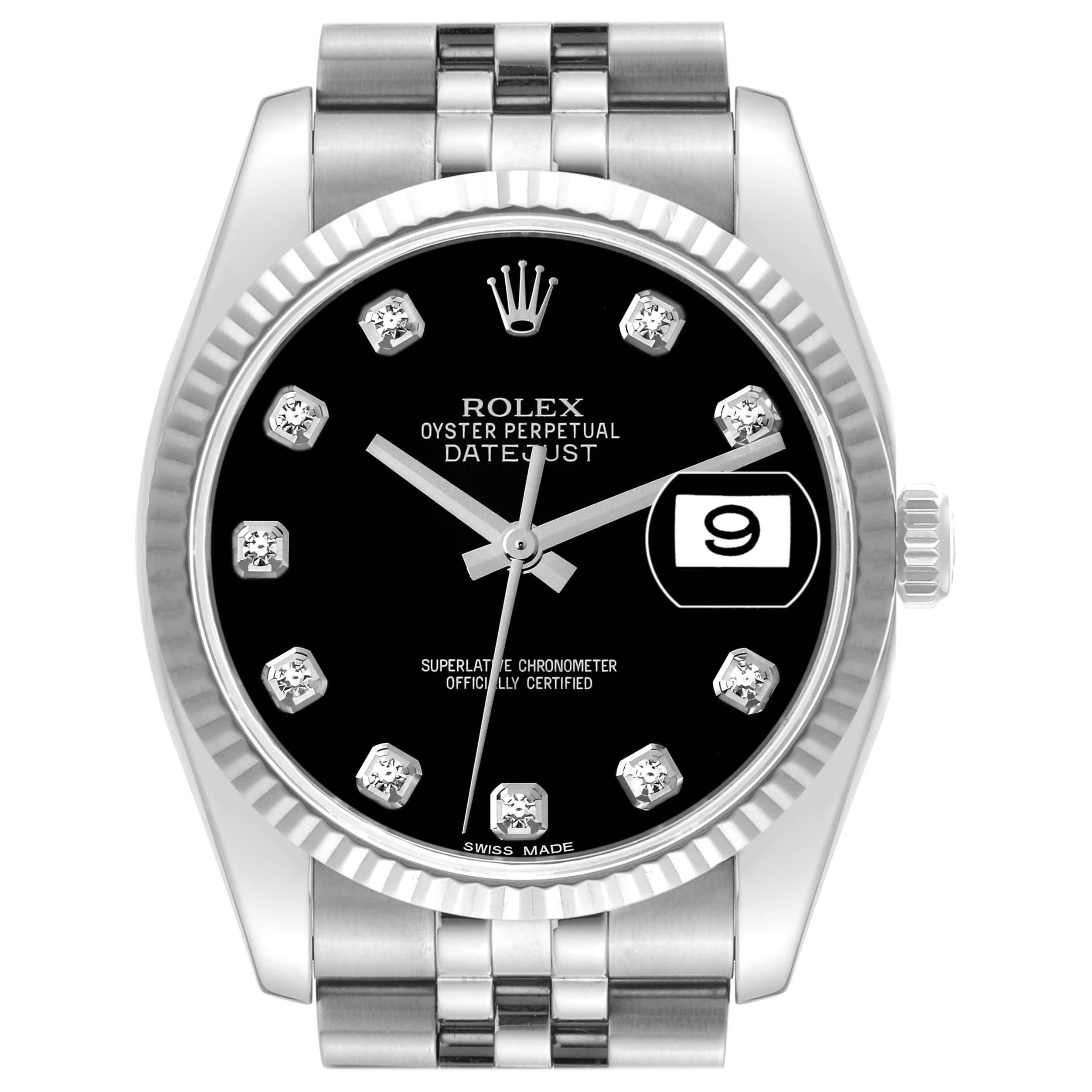 Rolex Datejust Steel White Gold Black Diamond Dial Mens Watch 116234