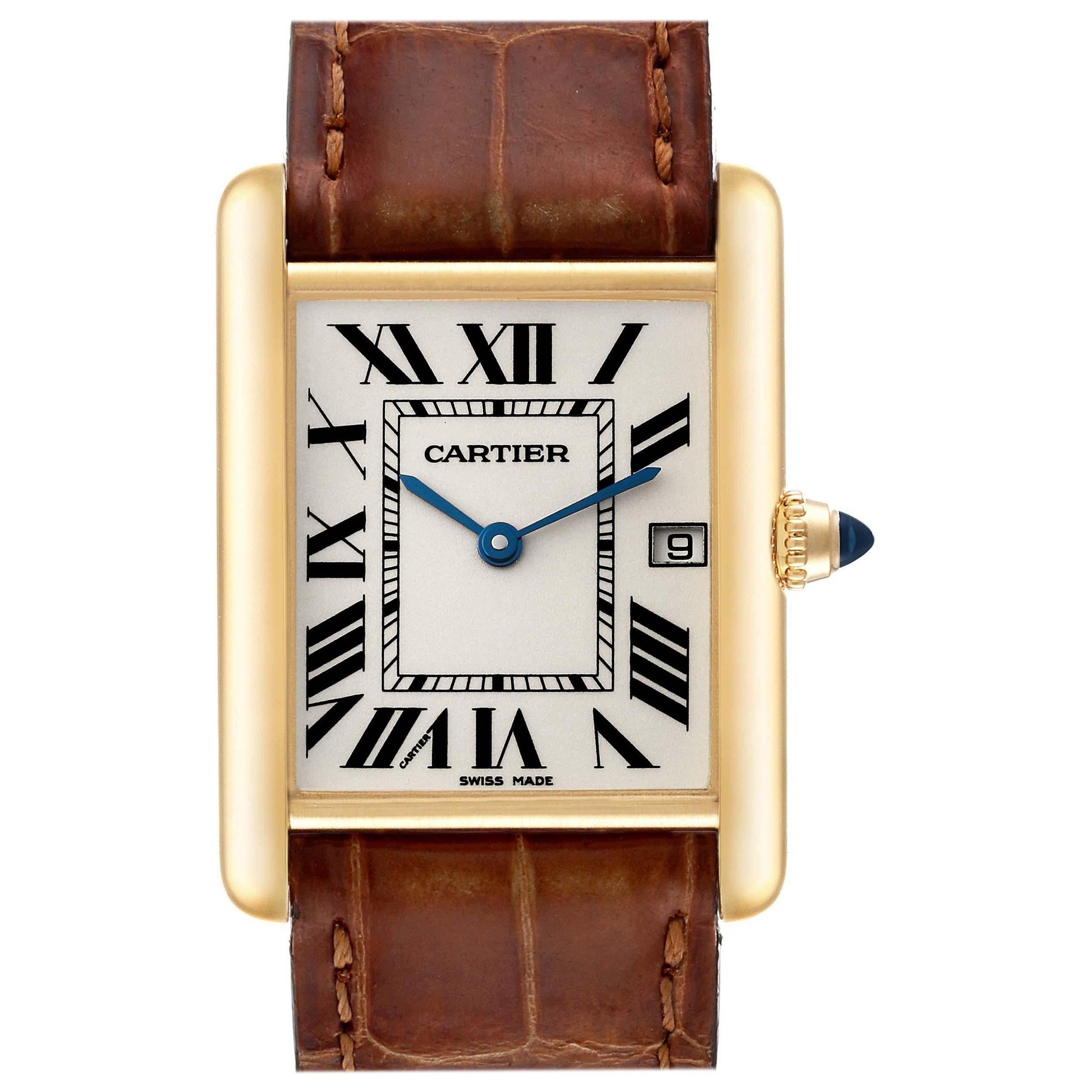 Cartier Tank Louis Yellow Gold Brown Leather Strap Mens Watch W1529756