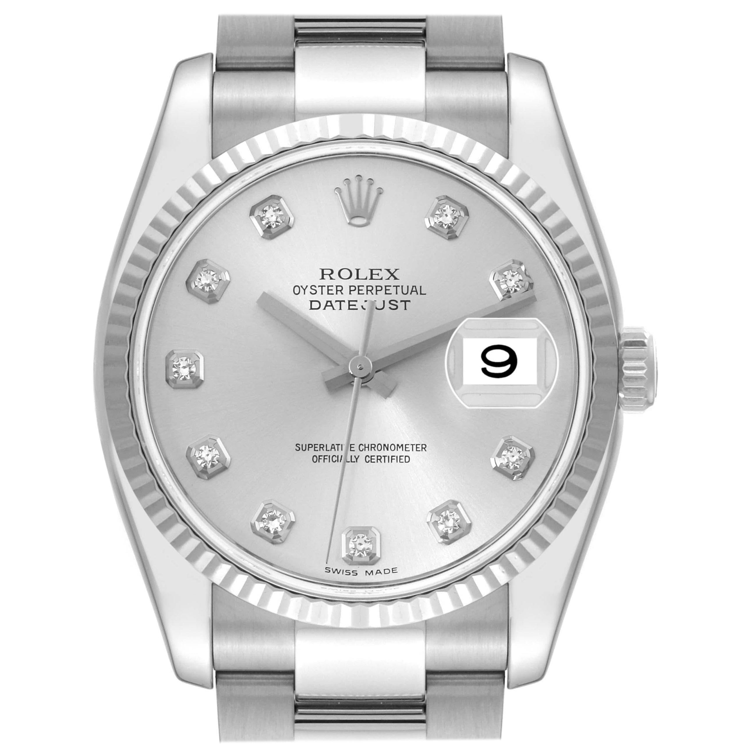 Rolex Datejust Steel White Gold Silver Diamond Dial Mens Watch 116234 Papers