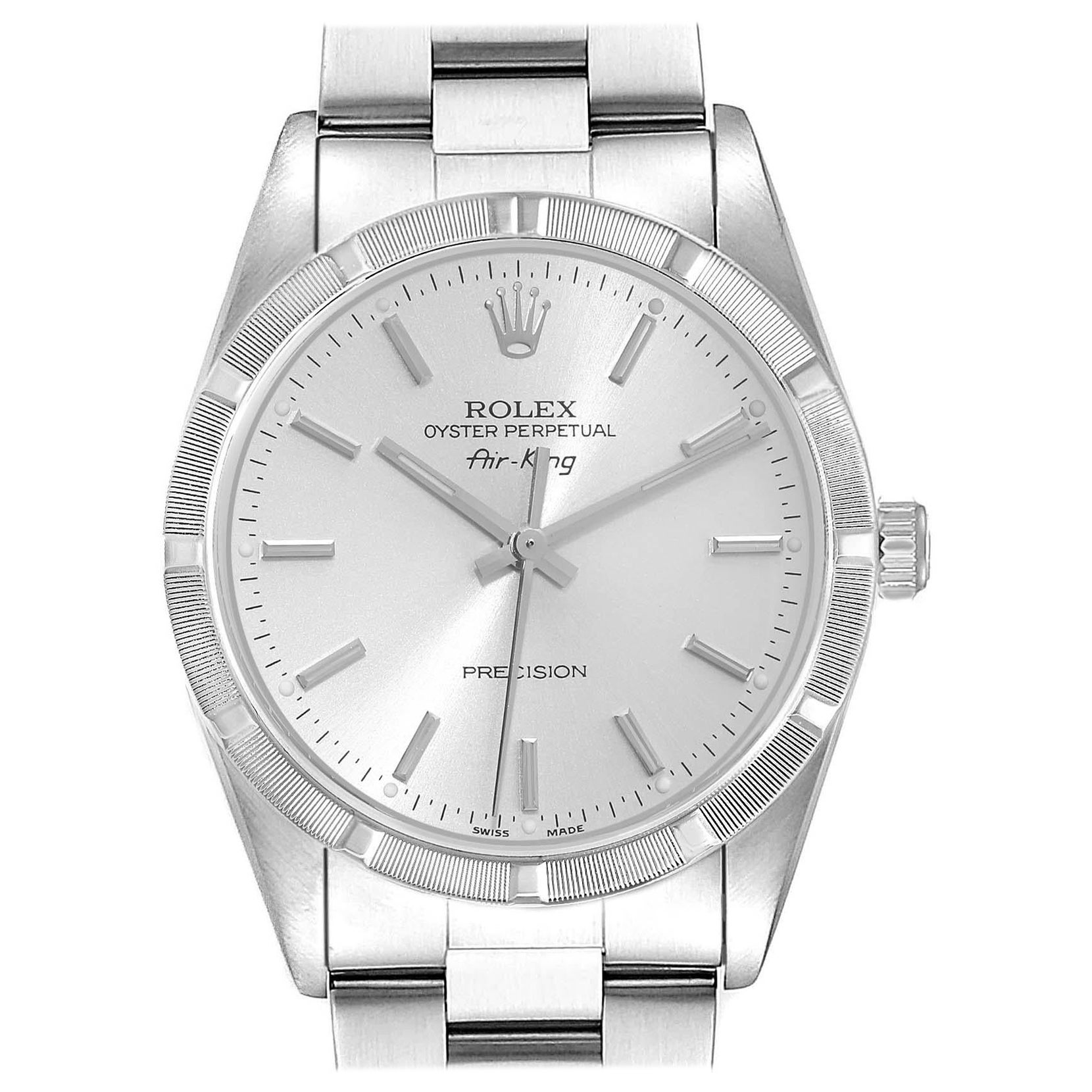 Rolex Air King Engine Turned Bezel Silver Dial Steel Mens Watch 14010 For Sale