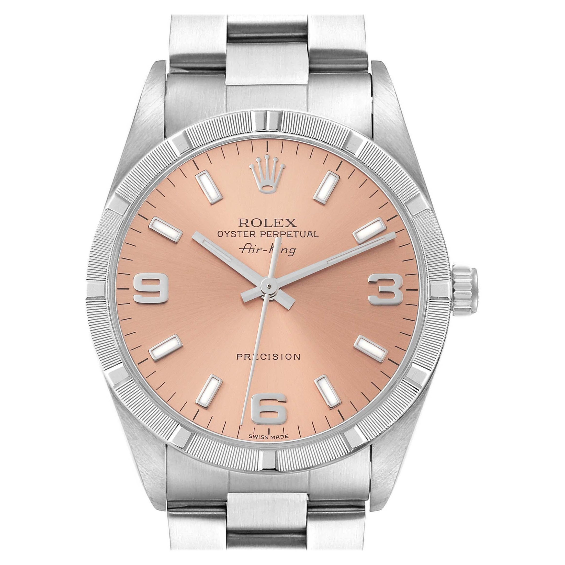 Rolex Air King 34 Salmon Dial Engine Turned Bezel Steel Mens Watch 14010 For Sale