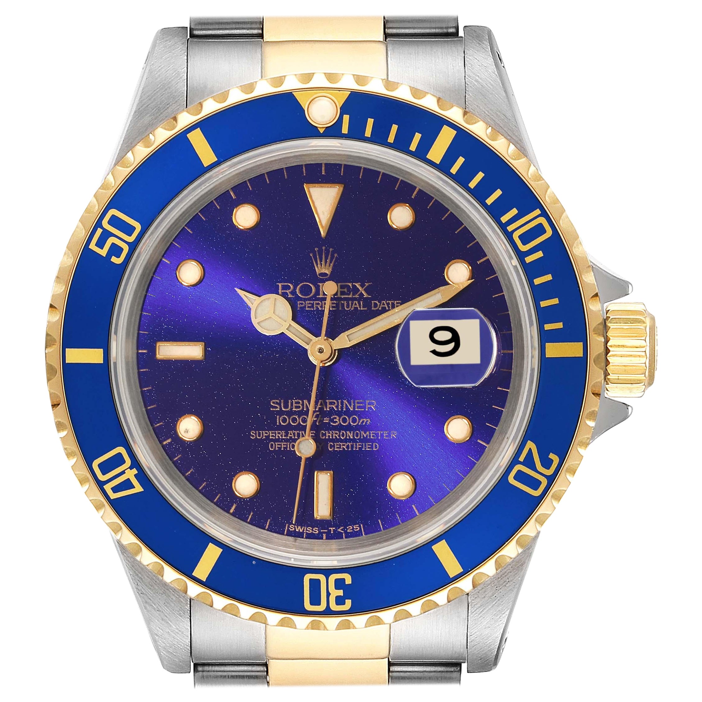 Montre Rolex Submariner à cadran bleu, acier, or jaune, pour hommes, 16613, boîte et documents.