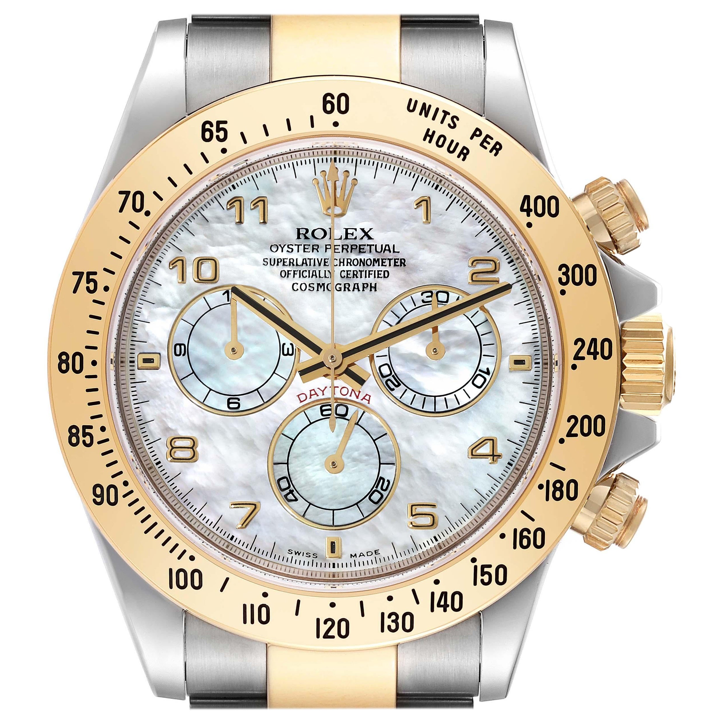 Rolex Daytona Yellow Gold Steel Mother of Pearl Mens Watch 116523 Box Papers For Sale