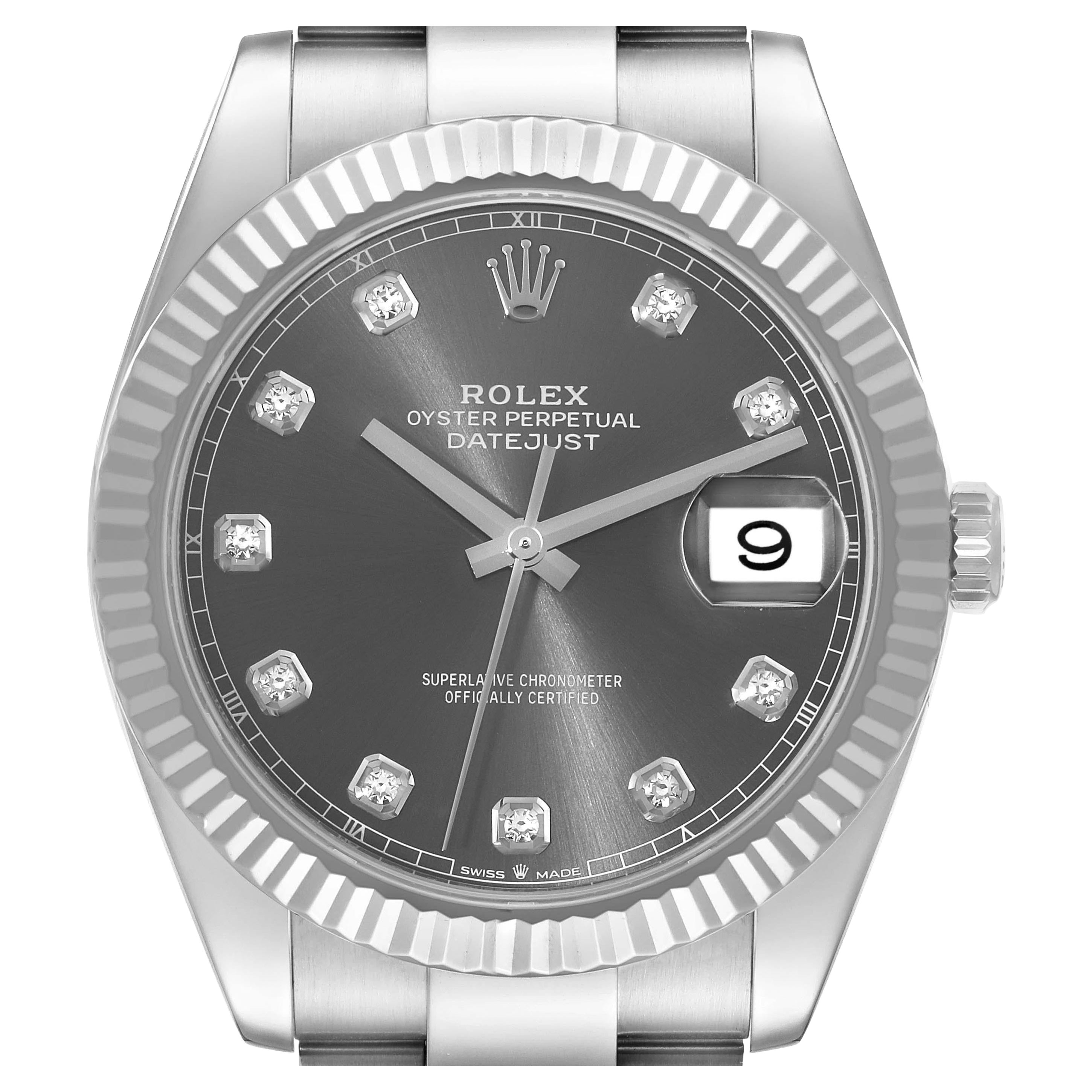 Rolex Datejust 41 Steel White Gold Slate Diamond Dial Mens Watch 126334 Card For Sale