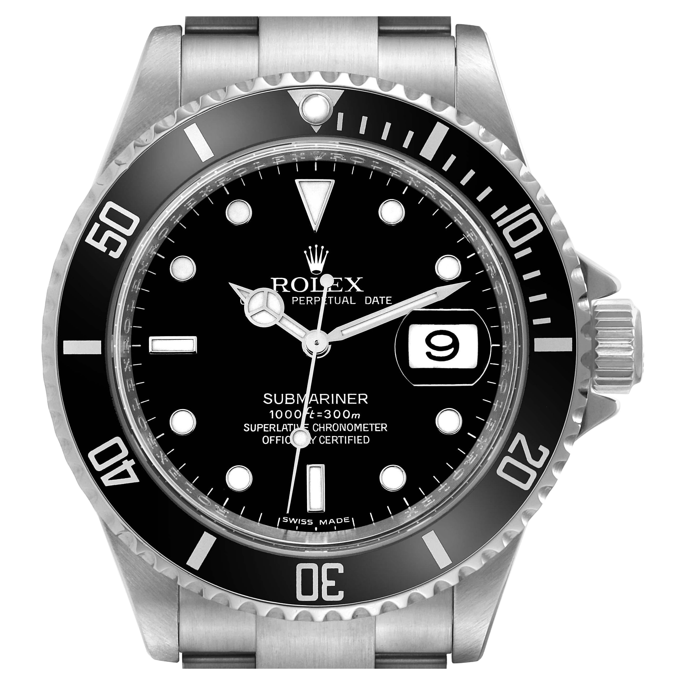 Rolex Submariner Date Black Dial Steel Mens Watch 16610 Box Card For Sale