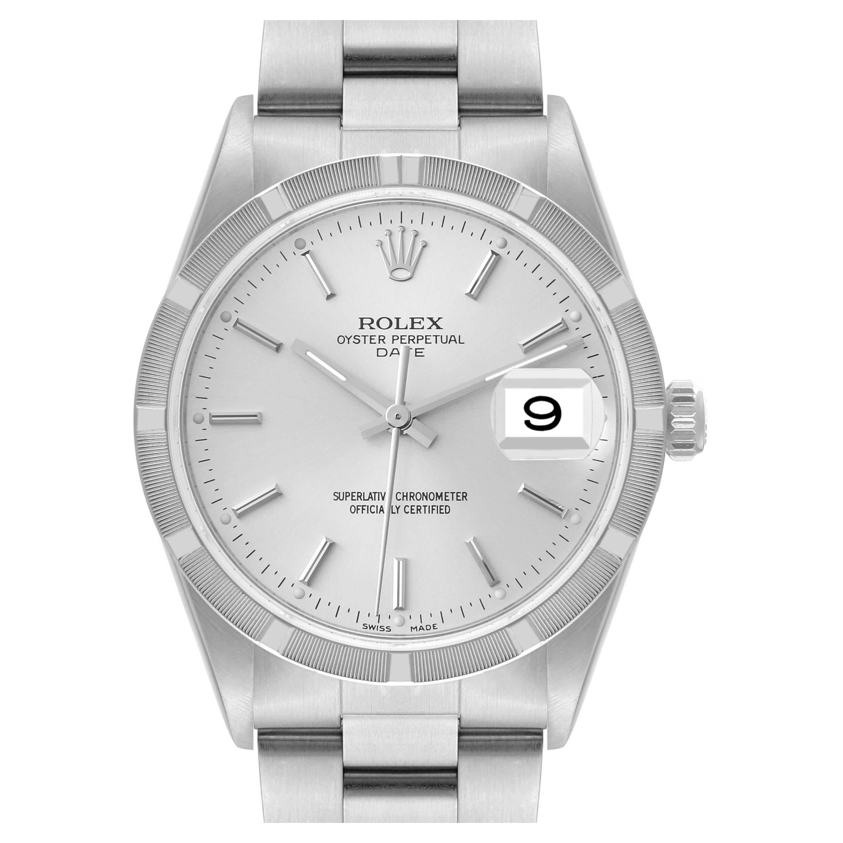 Rolex Date Silver Dial Engine Turned Bezel Steel Mens Watch 15210 Papers For Sale