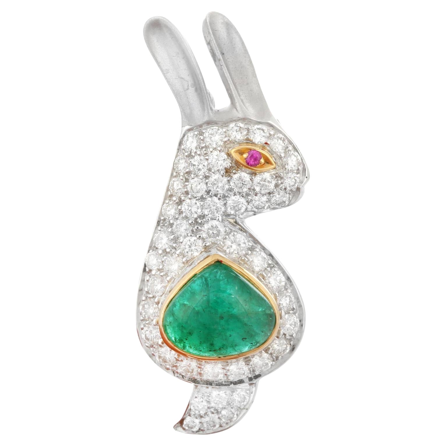 2.2 Carat Emerald Diamond Rabbit Brooch in 18k Solid White Gold, Unisex Gifts For Sale