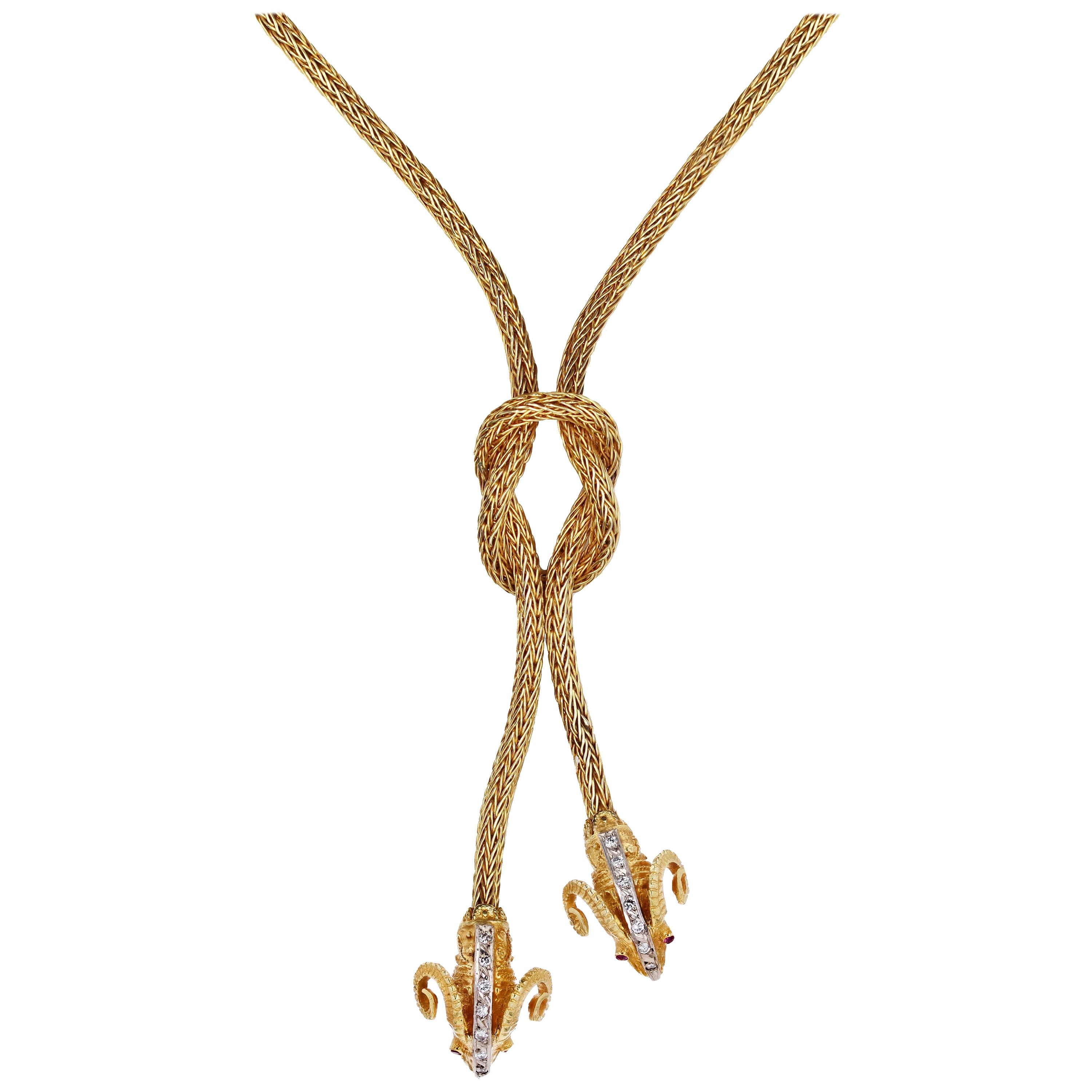 Collier moderne nœud de bélier en or jaune 18 carats, diamants et rubis