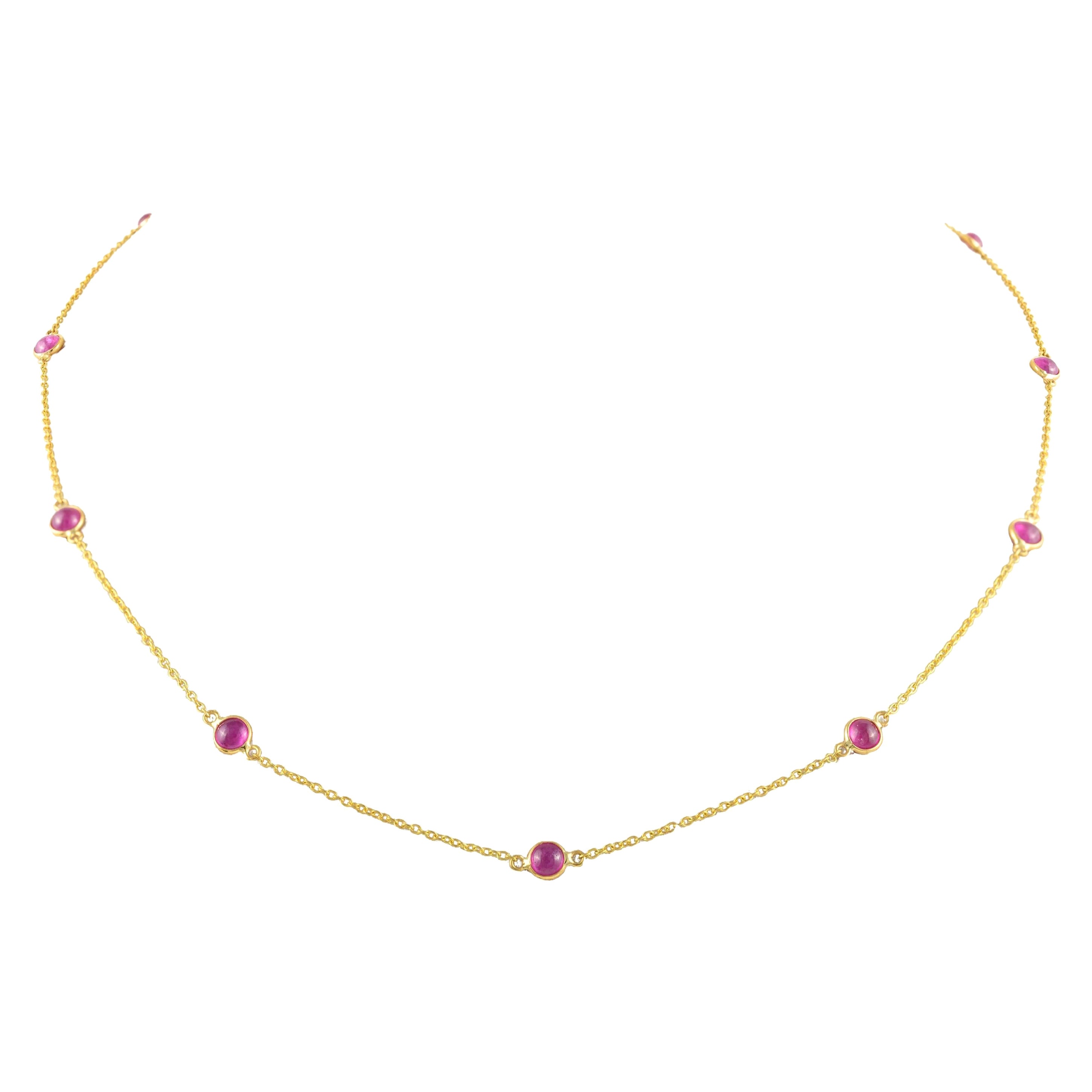 Real Ruby Station Chain Necklace 14k Solid Yellow Gold, Christmas Gift For Her For Sale