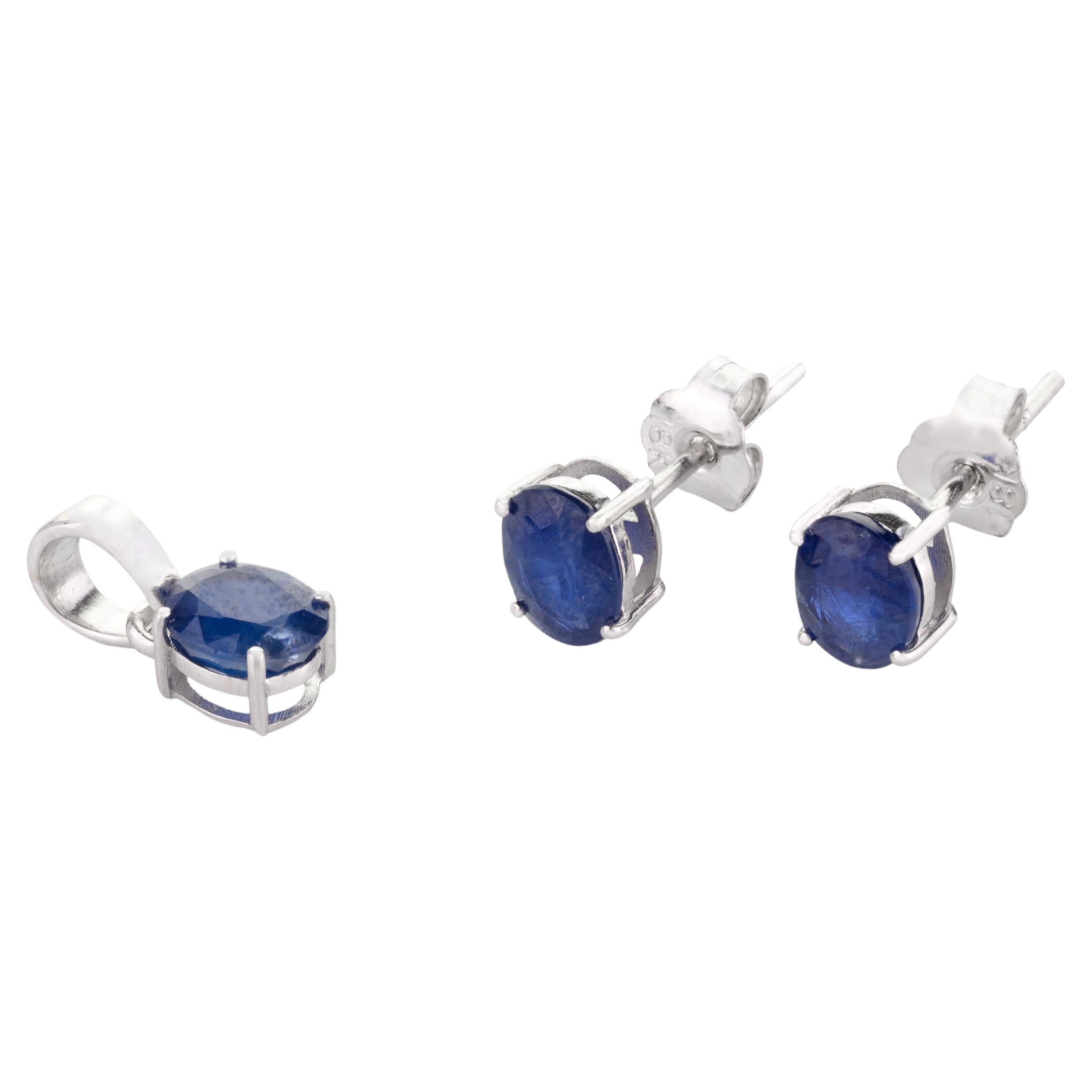18k Solid White Gold Natural Blue Sapphire Pendant and Earrings Jewelry Set