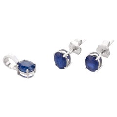 Pendentif et boucles d'oreilles en or blanc massif 18k saphir bleu naturel